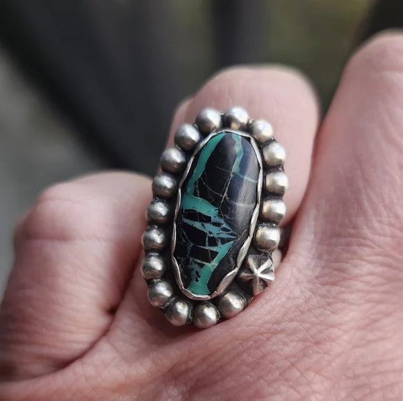 Handmade Sterling Silver 925 Black Jack Turquoise Ring Star Shot Size 6 - Picture 1 of 8